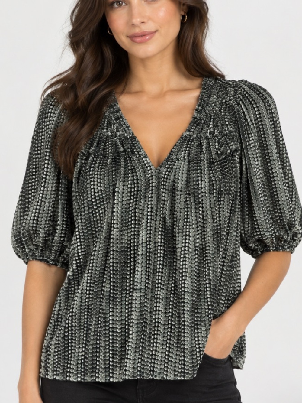 Ramy Brook Sylvia burnout velvet puff sleeve ruffle blouse sz xs EUC